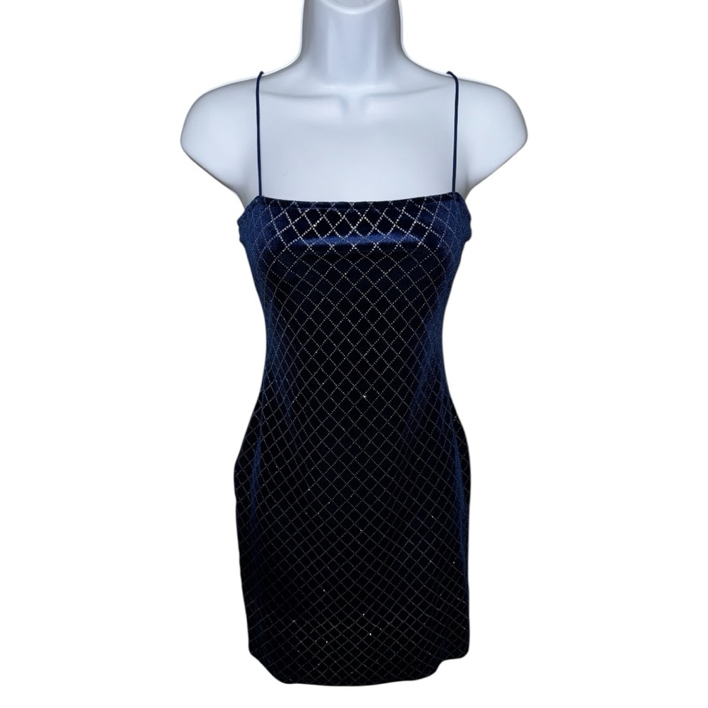 Women’s Bear Dance Blue Velvet Rhinestone Diamond Pattern Mini Dress - M